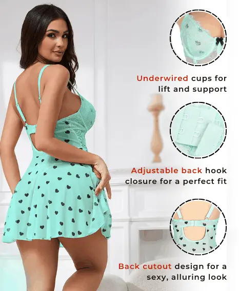 Love Salve Lingerie Heart Printed Lace Mesh Push up Night Dress - Love Salve